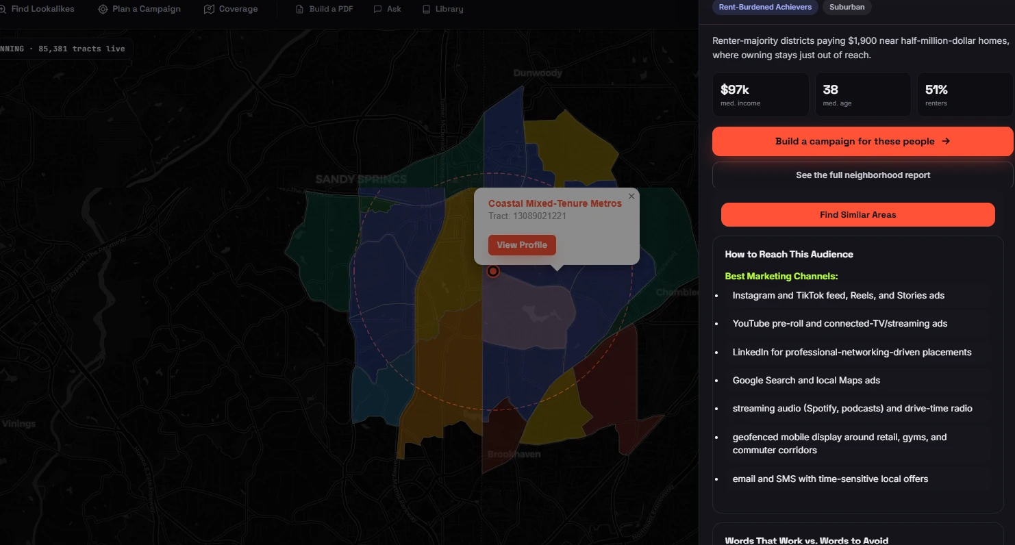 A sample market map from LeadsPanic, our own analysis tool, showing a real neighborhood segment with income, age, and renter data plus recommended ad channels.